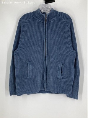 L.L. Bean Mens Blue Cotton Knitted Long Sleeve Mock Neck Full-Zip Sweater Size L