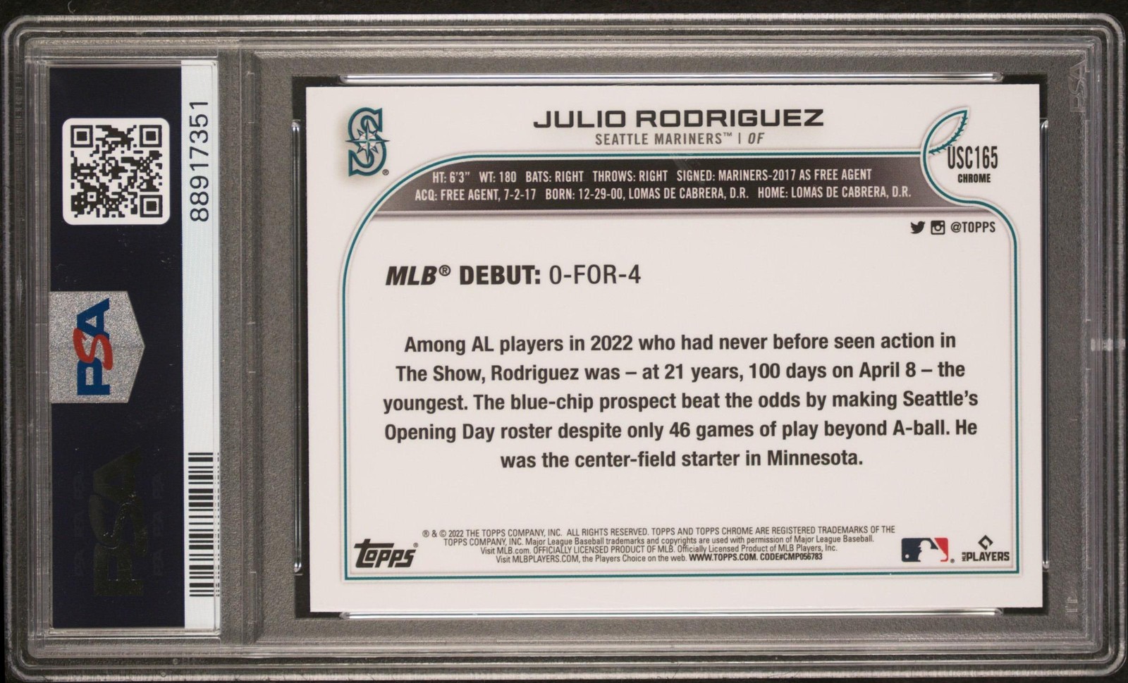 2022 Topps Chrome Update Julio Rodriguez Rookie Purple Refractor PSA 10 AF532 view 2