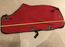 VINTAGE BMB HORSE NYLON STABLE BLANKET RED BLACK TRIM SIZE 78", SHIPPING BOOTS 