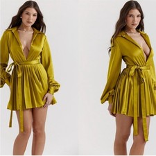 HOUSE OF CB 'Allegra' Chartreuse Pleated Shirt Dress NWOT size L Tall