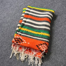 Vintage Handwoven Blanket Orange Striped Handloomed Aztec Mexican 50x75