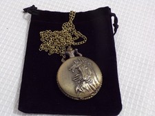 Horse Quartz Pocket Watch Gold Tone 30" Chain w/Claw Hook Very Detailed Vintage