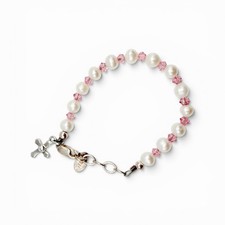 Baby Bracelet 4.75in Long With Freshwater Pearls  Pink Rhinestones Cross Charm