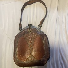 Antique Vintage Art Deco - Hand Tooled Leather Sm Purse Handbag 1900's Turn-Loc