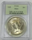 1925 Silver Peace Dollar CERTIFIED PCGS MS 64 Gen 2.2 Holder (Rev Holder Chip)