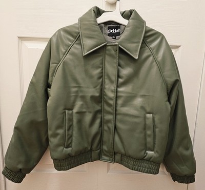 girl.ish Green Leather Bomber Jacket Collared Elastic Waist Women s M