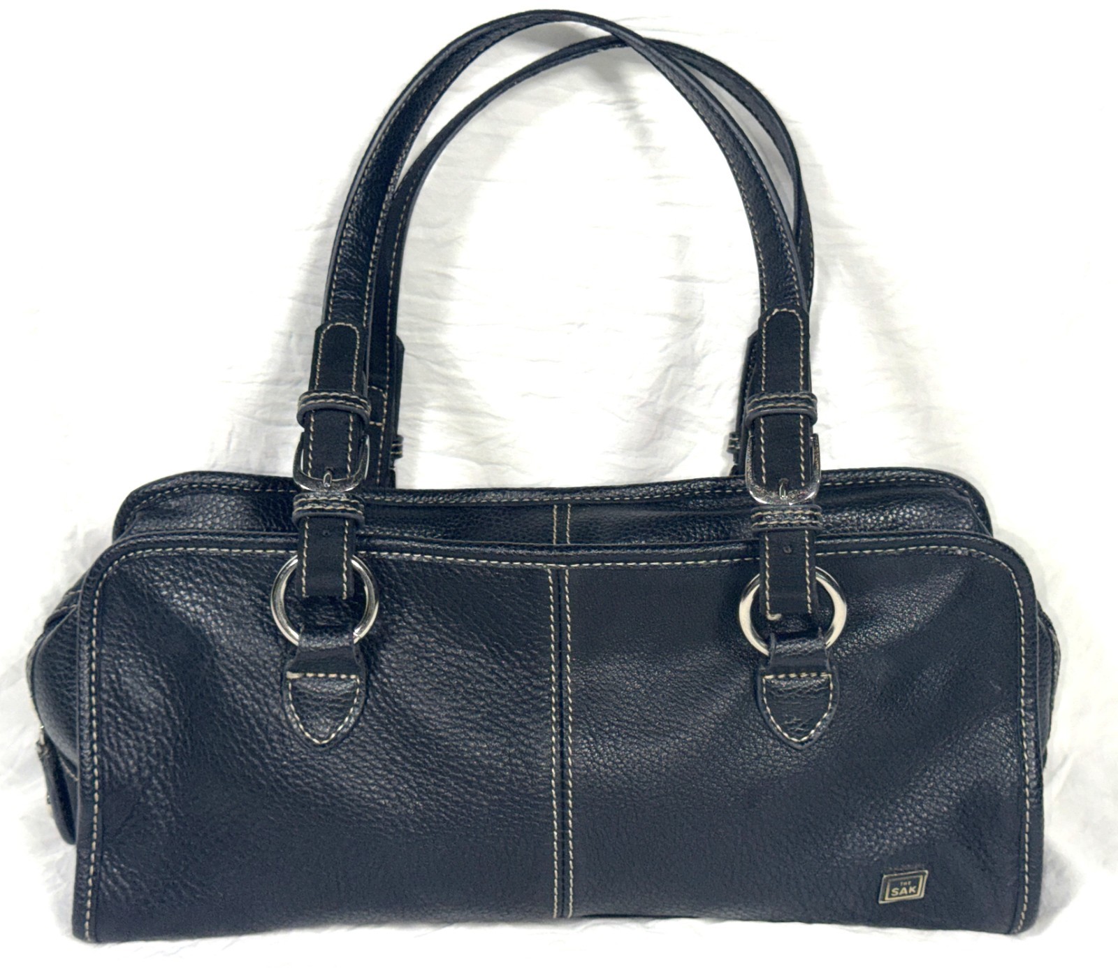 The Sak Black Pebbled Leather Satchel Hobo Shoulder Purse Bag Handbag 2-Handles