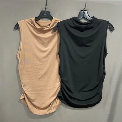 Women’s Sleeveless Mock Neck Ruched Tops XL Black Beige Stretch Blouse Lot 2 - Image 1 of 4