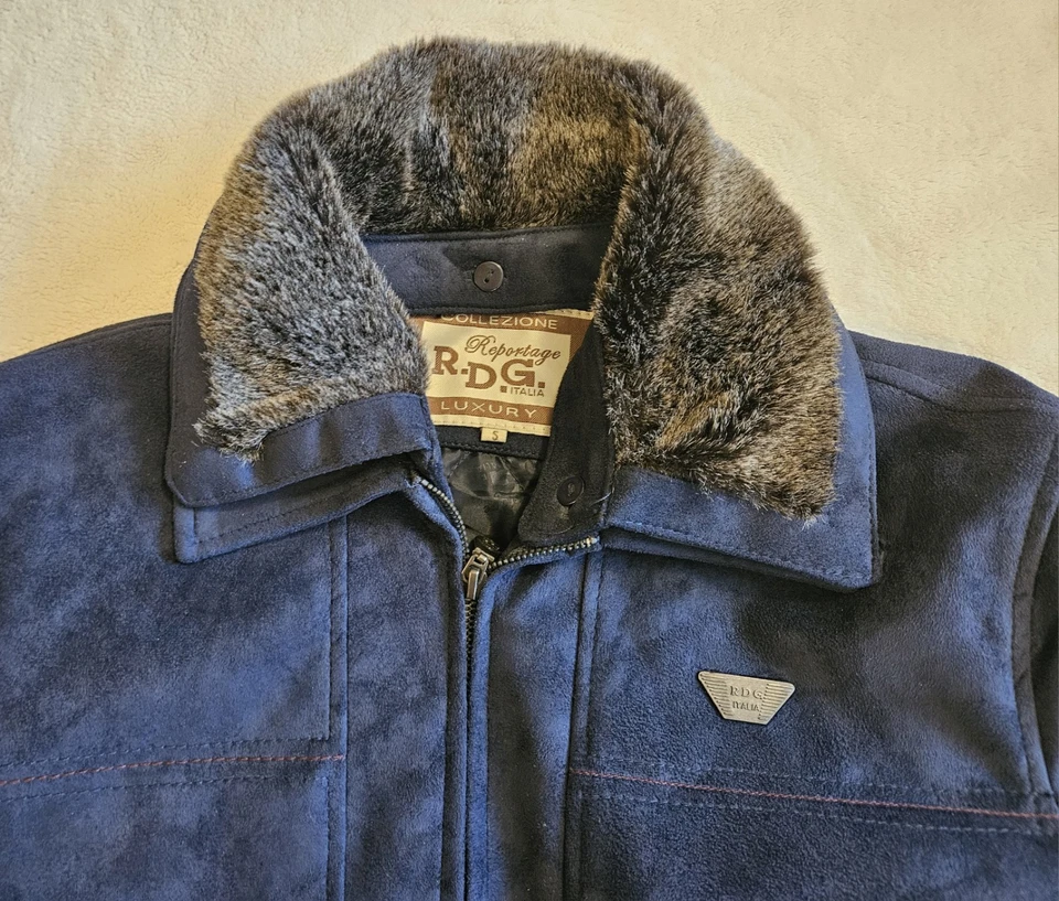 Мужская синяя кожаная RDG Италия репортаж роскошная куртка с меховой отделкой размер маленький - Изображение 2 из 4