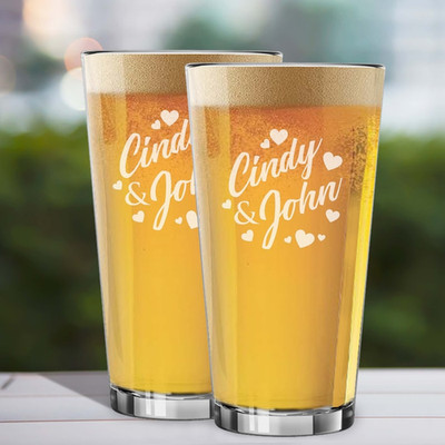 Personalized Couples Beer Glasses, Custom Anniversary Beer Pint Set of 2