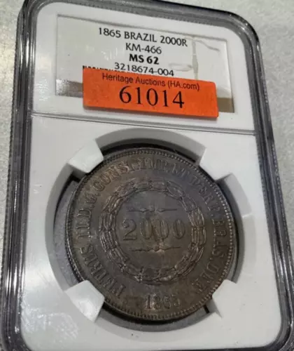 🌟 1865 Brazil 2000 Reis NGC MS62 Silver! Nice BU UNC FROM HERITAGE AUCTIONS