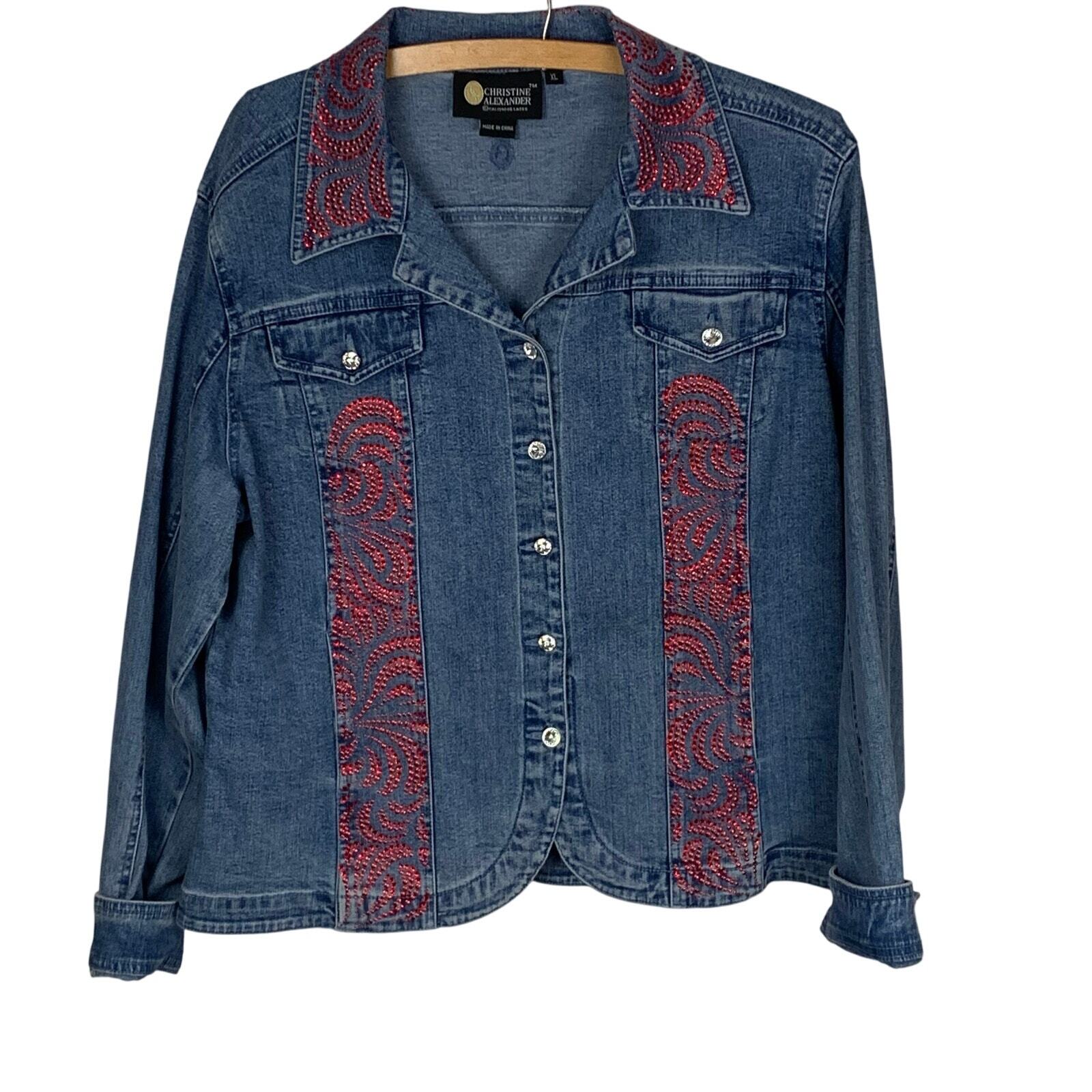 Christine Alexander XL Denim Trucker Jacket Embellished with Red Swarovski Crystals