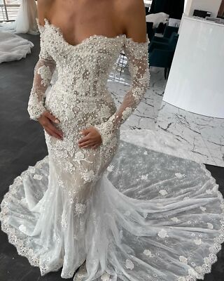 Sexy Mermaid Wedding Dresses Corset Long Sleeves Lace Pearls Beaded Bridal  Gowns | eBay