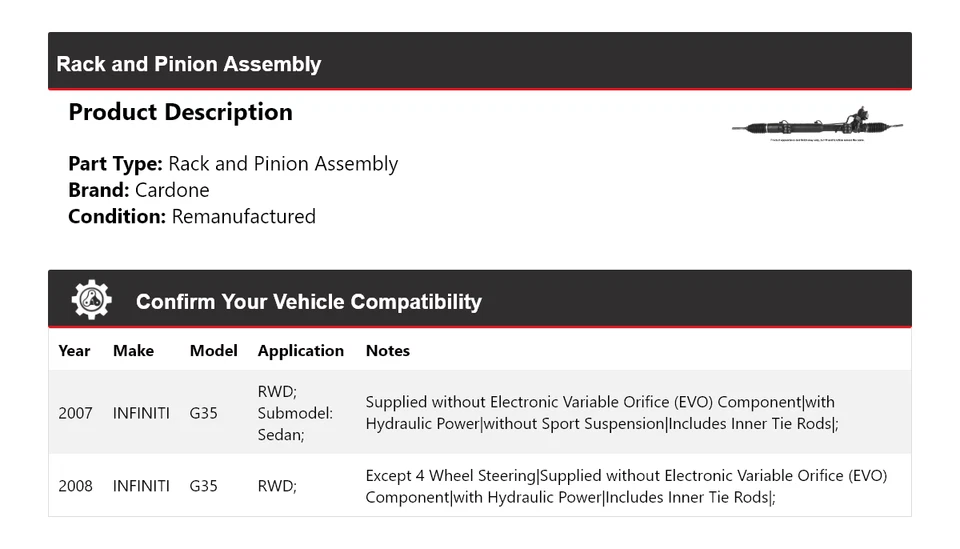 Conjunto de piñón y rack Cardone para Infiniti G35 2007-2008 tracción trasera Foto 2 de 4