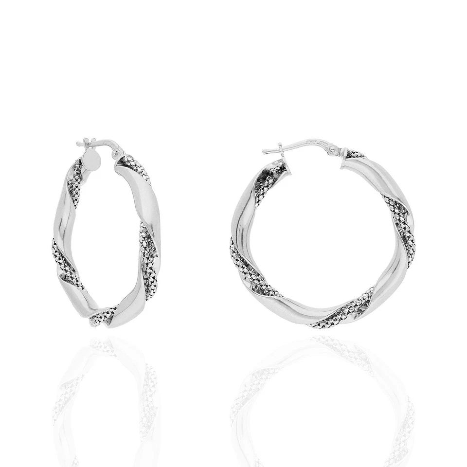 Yellow White Gold Over Sterling Silver Twisted Popcorn Shiny Hoop Earrings 33mm - Imagem 4 de 4