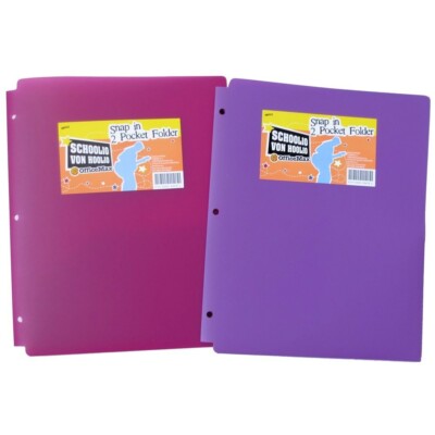 Office Max  Plastic 3-Hole Punched 2-Pocket Folders, 9 1/2'' x 11 1/2''