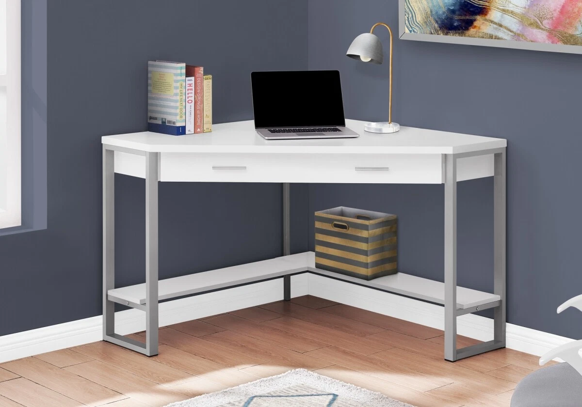 Monarch Specialties I 7500 42 in. White Corner Silver Metal Computer Desk