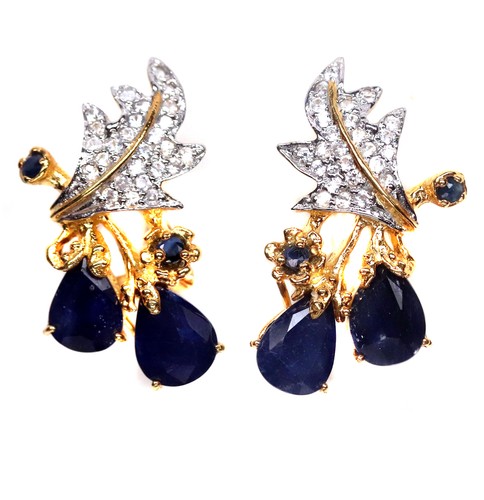 Heated 7 X 10 mm. Blue Sapphire & White Zircon Earrings Silver 925 Sterling
