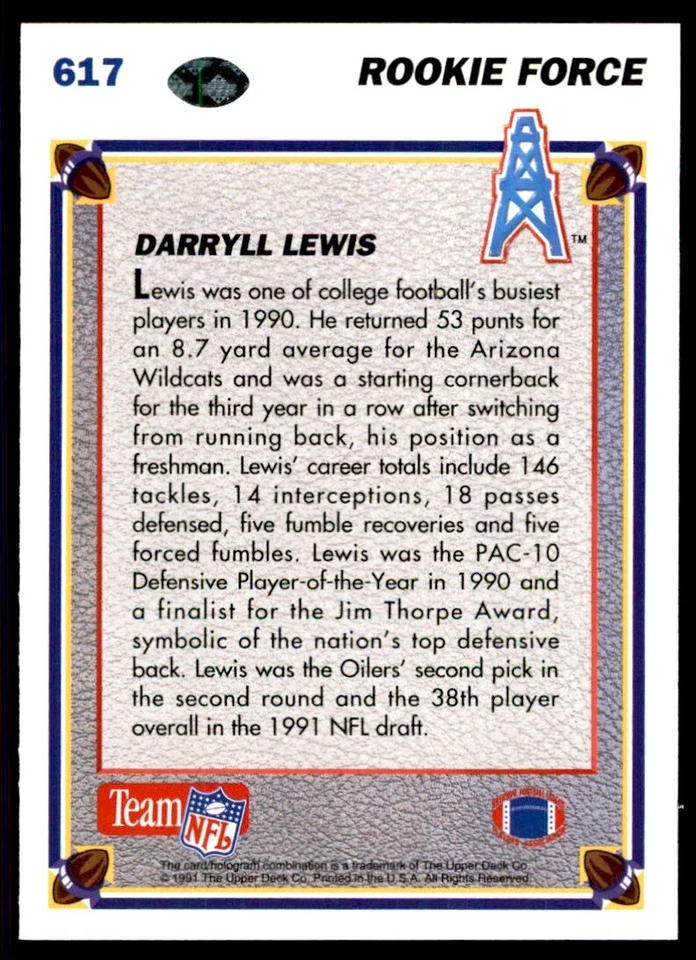1991 UPPER DECK HIGH # SERIESS DARRYLL LEWIS ROOKIE HOUSTON OILERS #617 - Image 2 of 2
