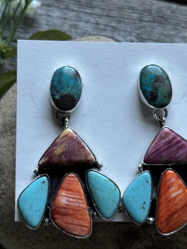 Navajo 925 Sterling Silver Multi Stone Cluster Earrings Marcella James - Picture 6 of 12