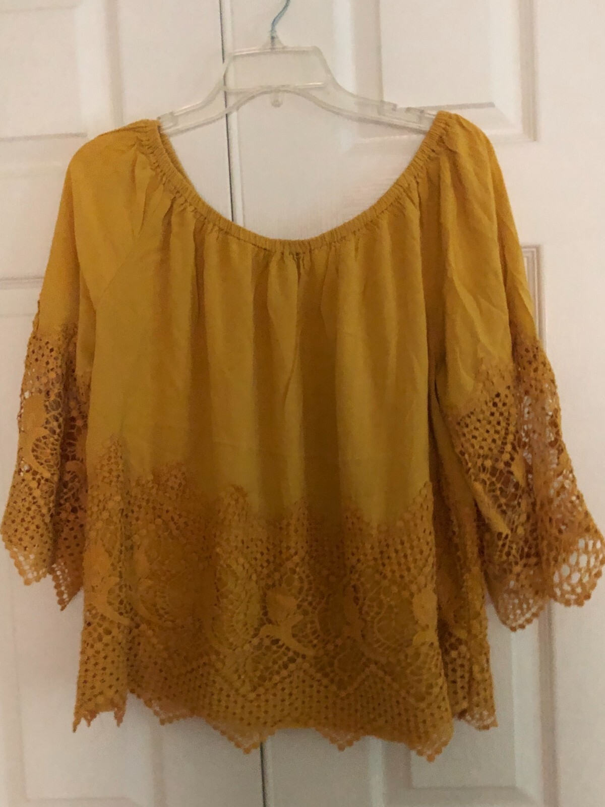 Miss Lili Plus Size 1X Off Shoulder Mustard Yellow Lace Trim Top Blouse Women image 5