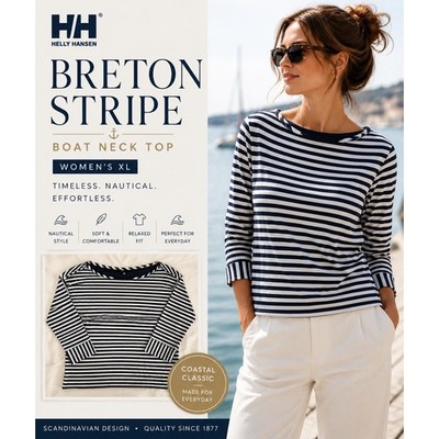 Helly Hansen Breton Stripe Nautical Coastal Grandmother Boat Neck Top XL