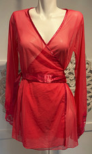 Vintage Frederick's of Hollywood Bright Pink Sheer Mesh Lace Trim Wrap Robe Y2K