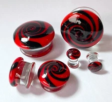PAIR Red & Black Hypnotic Swirl Glass Double Flare Plugs Tunnels Gauges