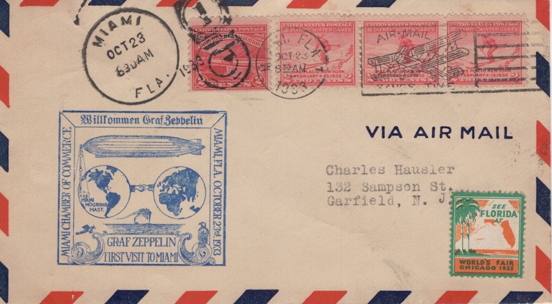 Florida Graf Zeppelin Cover Miami  Chicago World's Fair Label 1933