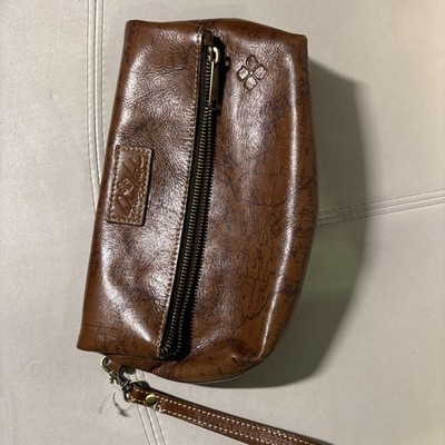 Patricia Nash Valerie Riot Rust Leather Wristlet Bag With Map Print & Zipper Poc