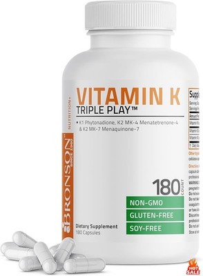 Bronson Vitamin K Triple Play Full Spectrum K1 & K2 MK-4/MK-7, 180 Capsules