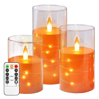 3er Set Flackernden Flammenlose LED Kerzen mit Lichterkette Timer Fernbedienung