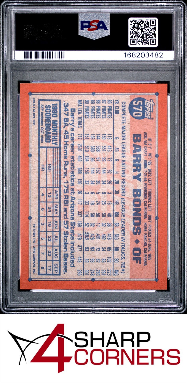 1991 TOPPS #570 BARRY BONDS PIRATES PSA 10 view 2