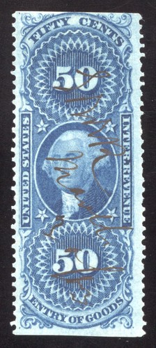 U.S. Revenue Scott #R55b 50c Entry of Goods part perf, 1863 manuscript cancel