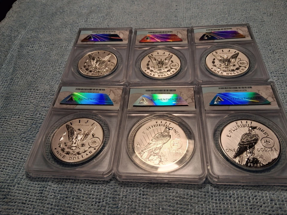 Juego de 6 monedas Morgan & Peace Dollar 2022 Anacs RV PF 70 First Strike Foto 2 de 4