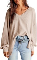 Damenbluse Tunika Waffelstruktur Locker V-Ausschnitt Casual Elegant Beige L