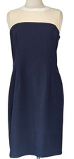 Calvin Klein Two Tone Sheath Dress Sz 12 Cream Navy Blue Lined Designer Form Fit