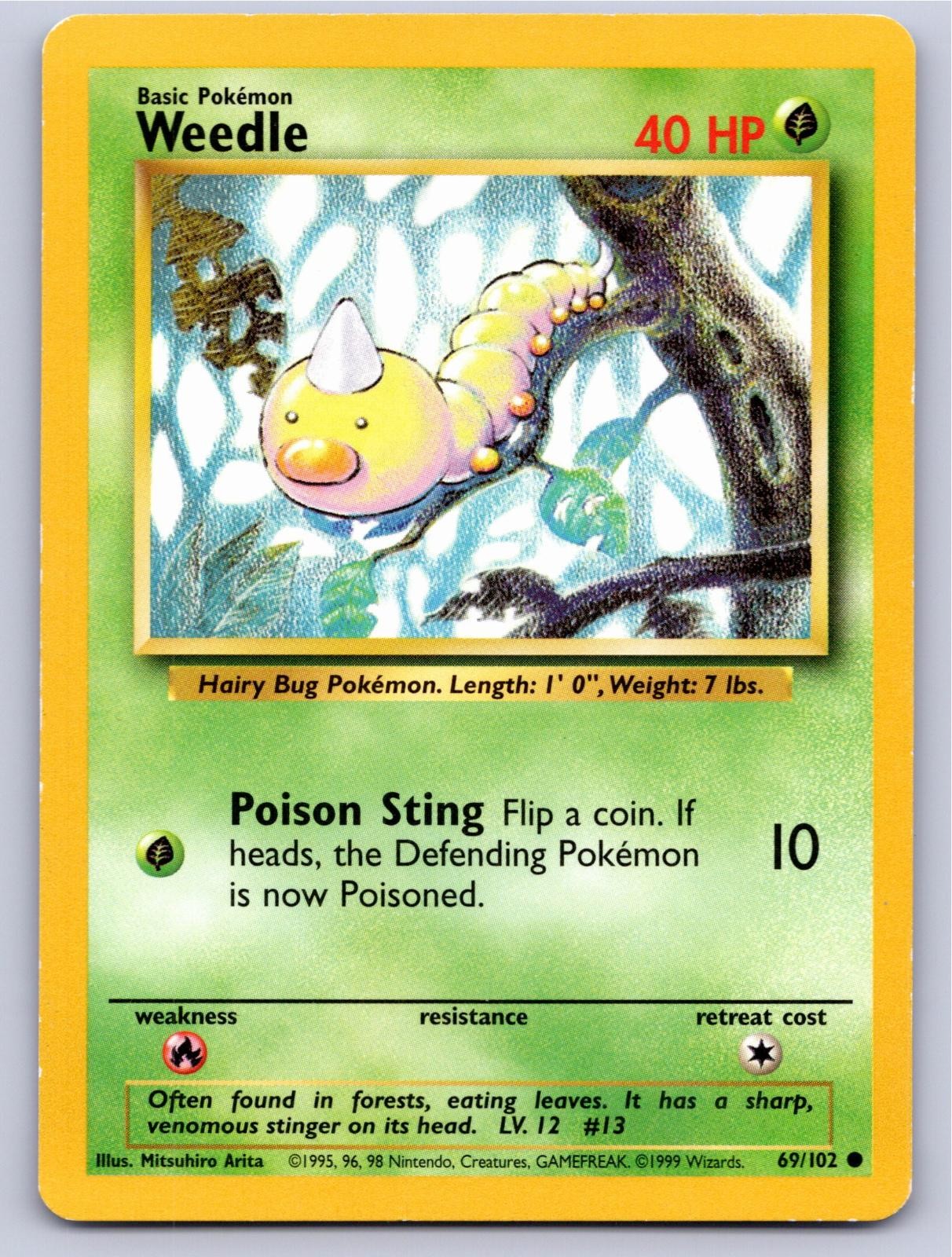 1999 POKEMON BASE SET UNLIMITED WEEDLE 69/102 C NM A106408 FREE S&H