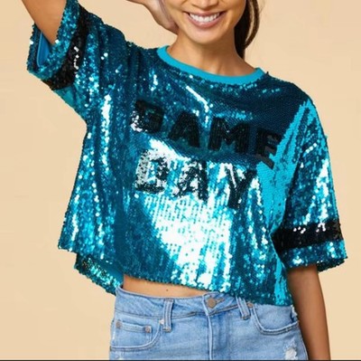 NWT Le Lis Game Day Sequin Crop Top Teal Black Tailgating College Football Small