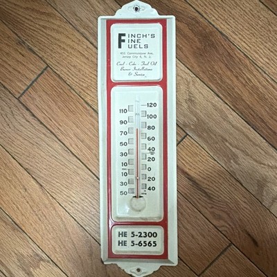 Finch's Fine Fuels Advertising Thermometer Sign, Jersey City NJ, White/Red