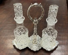 VIntage Silver Plate and Crystal Glass Oil and Vinegar Cruet Set with Stand