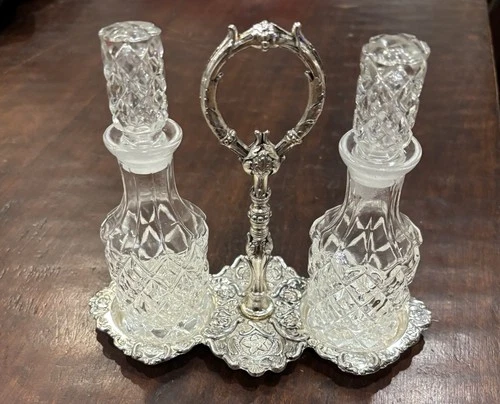 VIntage Silver Plate and Crystal Glass Oil and Vinegar Cruet Set with Stand