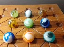 Vintage Lot 9 Mainly M.F. Christensen Slag Marbles Swirl Blue Amber Green Orange
