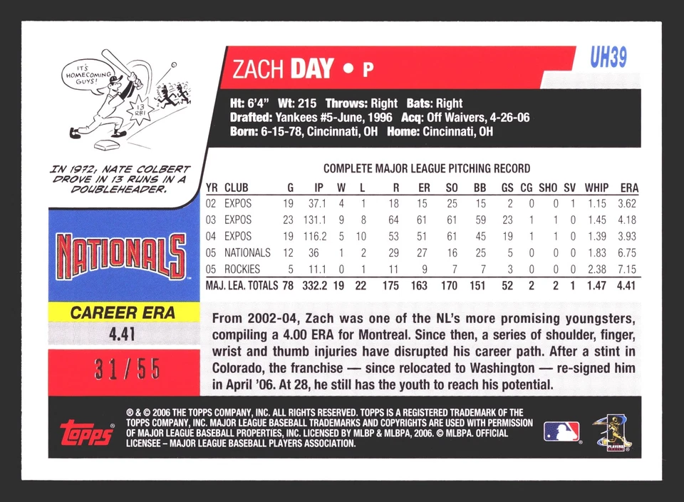 Zach Day Washington Nationals 2006 Topps Update Black #UH39 SN /55 - Image 2 of 2