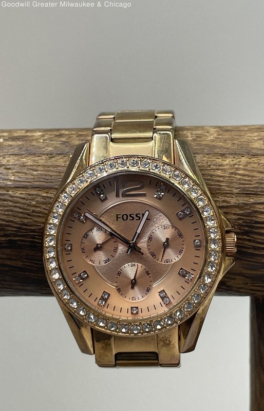 Fossil ES2811 Gold Tone Rhinestone Stainless Steel Ladies Watch 109.2g