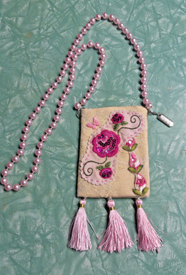 Amulet  Bag  Pendent Necklace - Medicine  Pouch -Handmade-  Pink w/ Faux Pearls