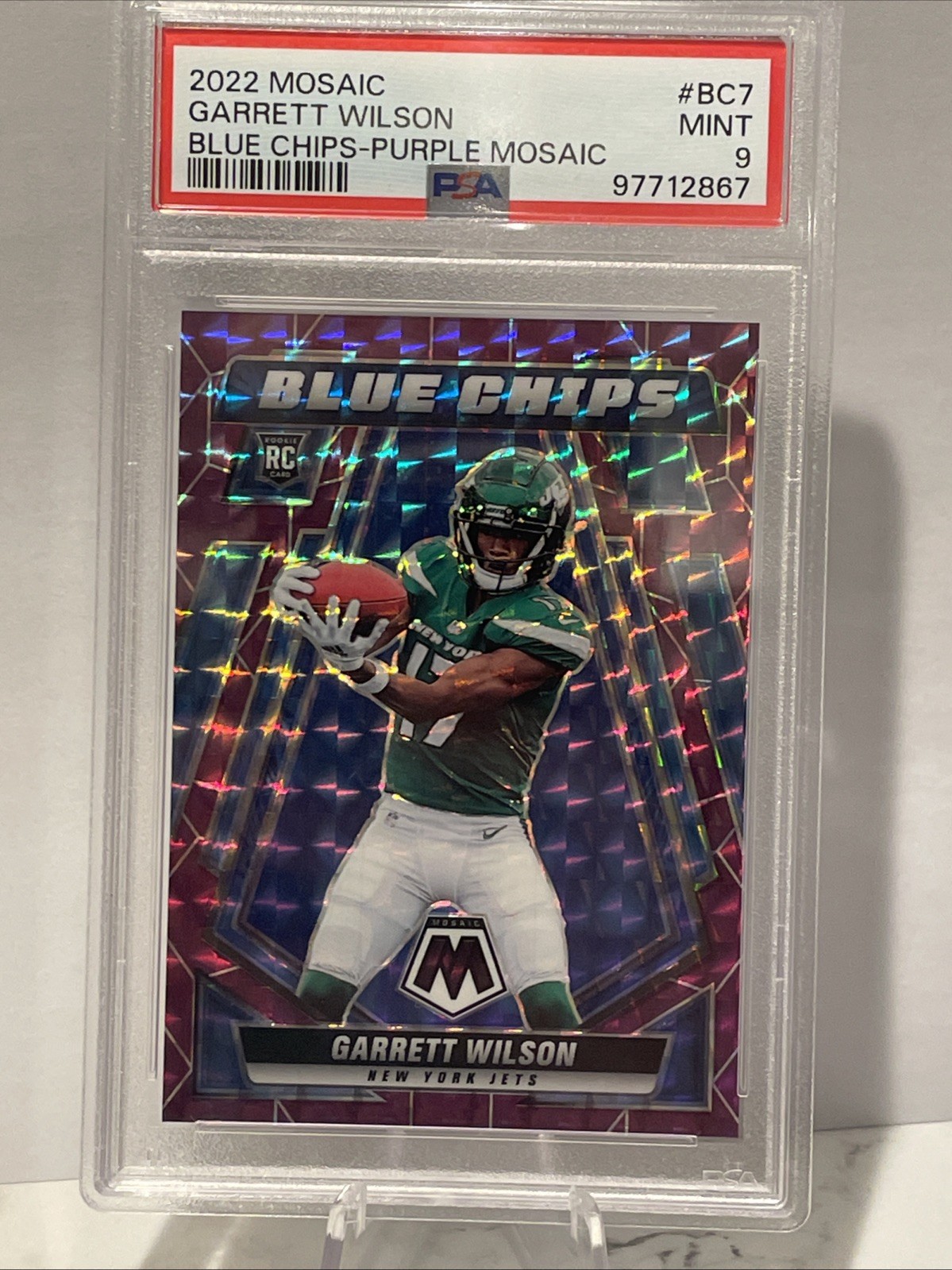2022 Mosaic GARRETT WILSON BLUE-CHIPS PURPLE MOSAIC ROOKIE CARD # /49 PSA 9 RC