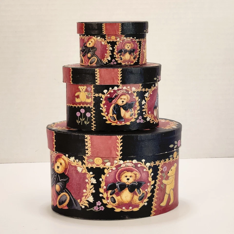 Set of 3 Stacking Nesting Floral Bob’s Boxes Victorian Teddies Teddy Bears Oval - Image 2 of 4