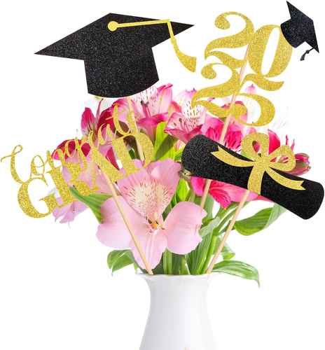 16 PCS Graduation Decorations 2025, Gold and Black Graduation Centerpieces for T