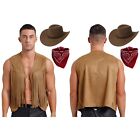 Mens Cowboy Costume Set Western Sun Hat Festival Tassel Waistcoat Halloween